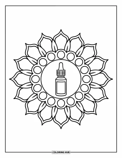 Coloriage Soin de la peau pour adultes : Un mandala floral en rayon de soleil contient un compte-gouttes de sérum à la vitamine C en son centre