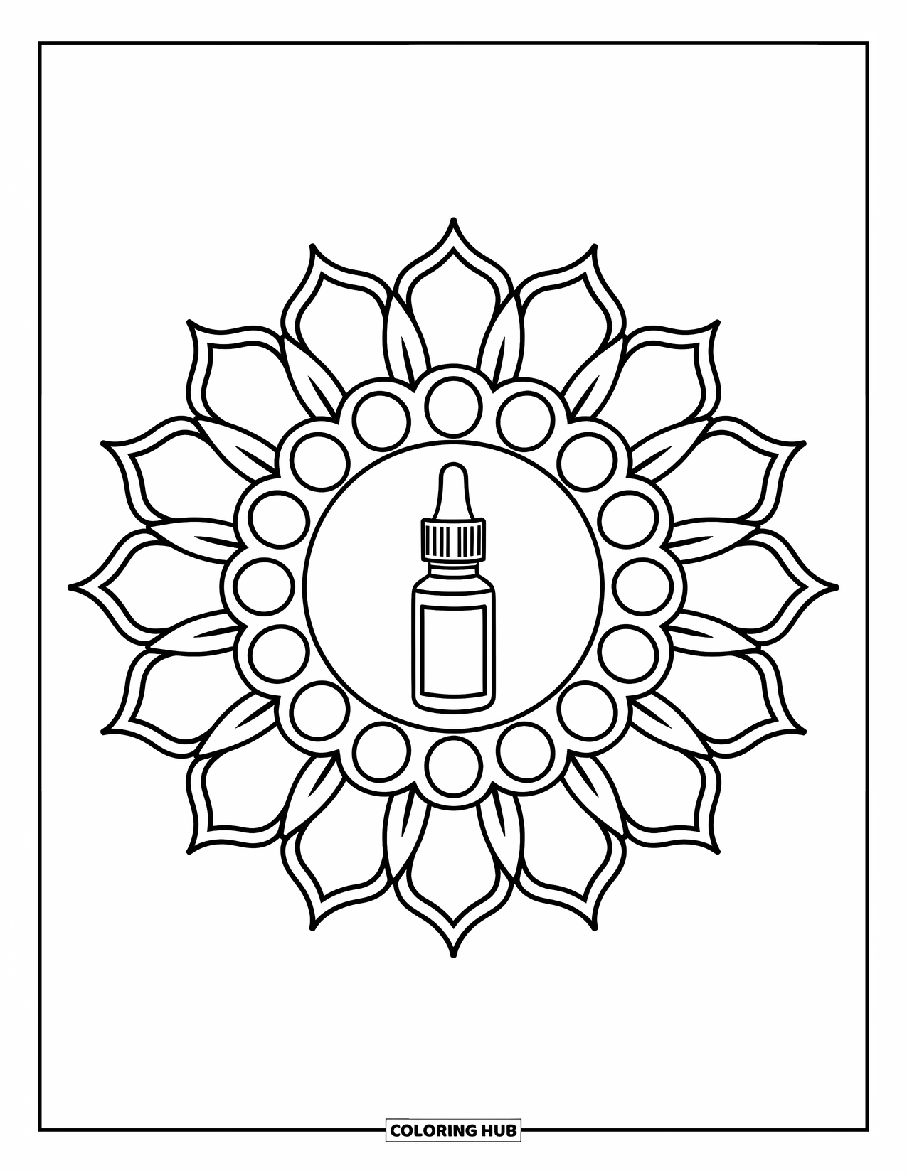 Skincare Coloring Page for Adults: A floral sunburst mandala holds a vitamin C serum dropper in its center