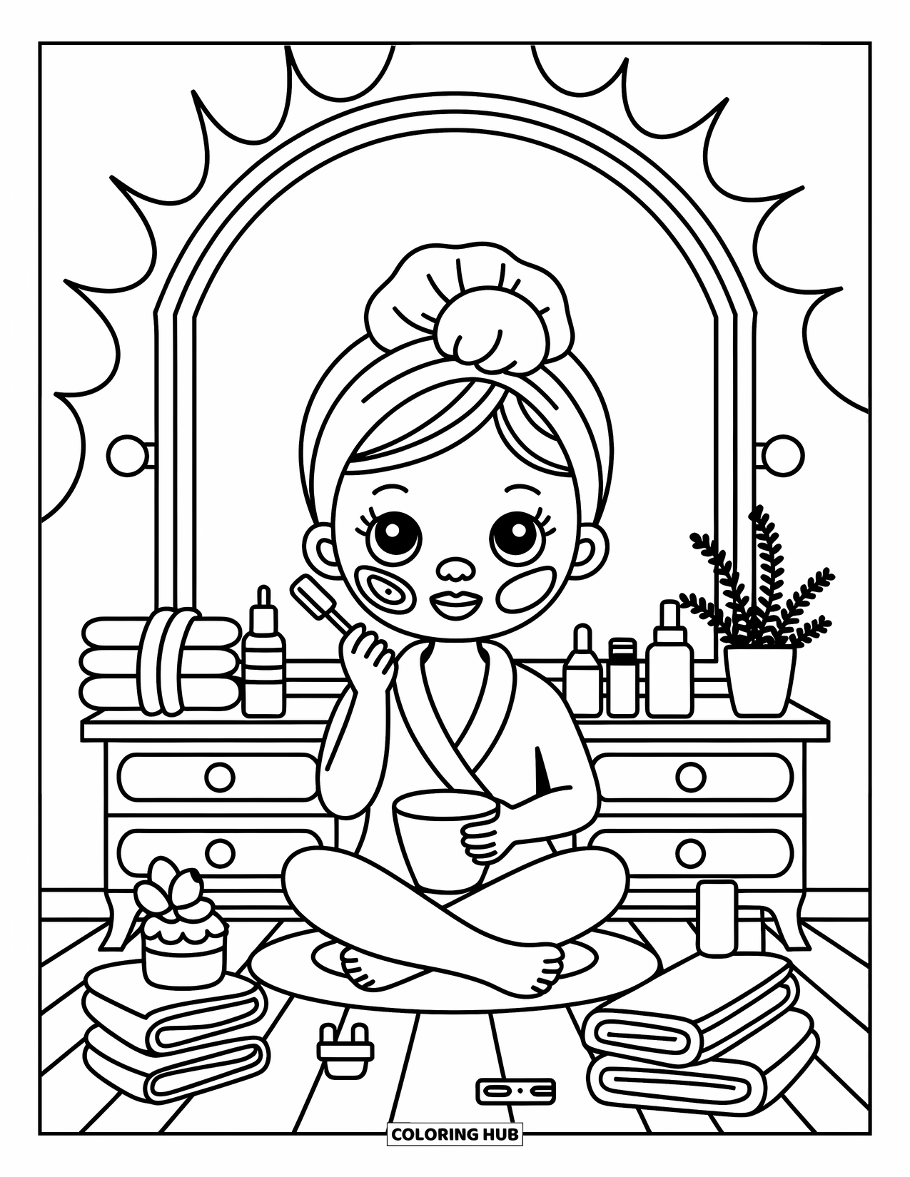 Skincare Coloring Page for Adults: A frilly-robed girl sits at a vanity with face mask and cozy accessories