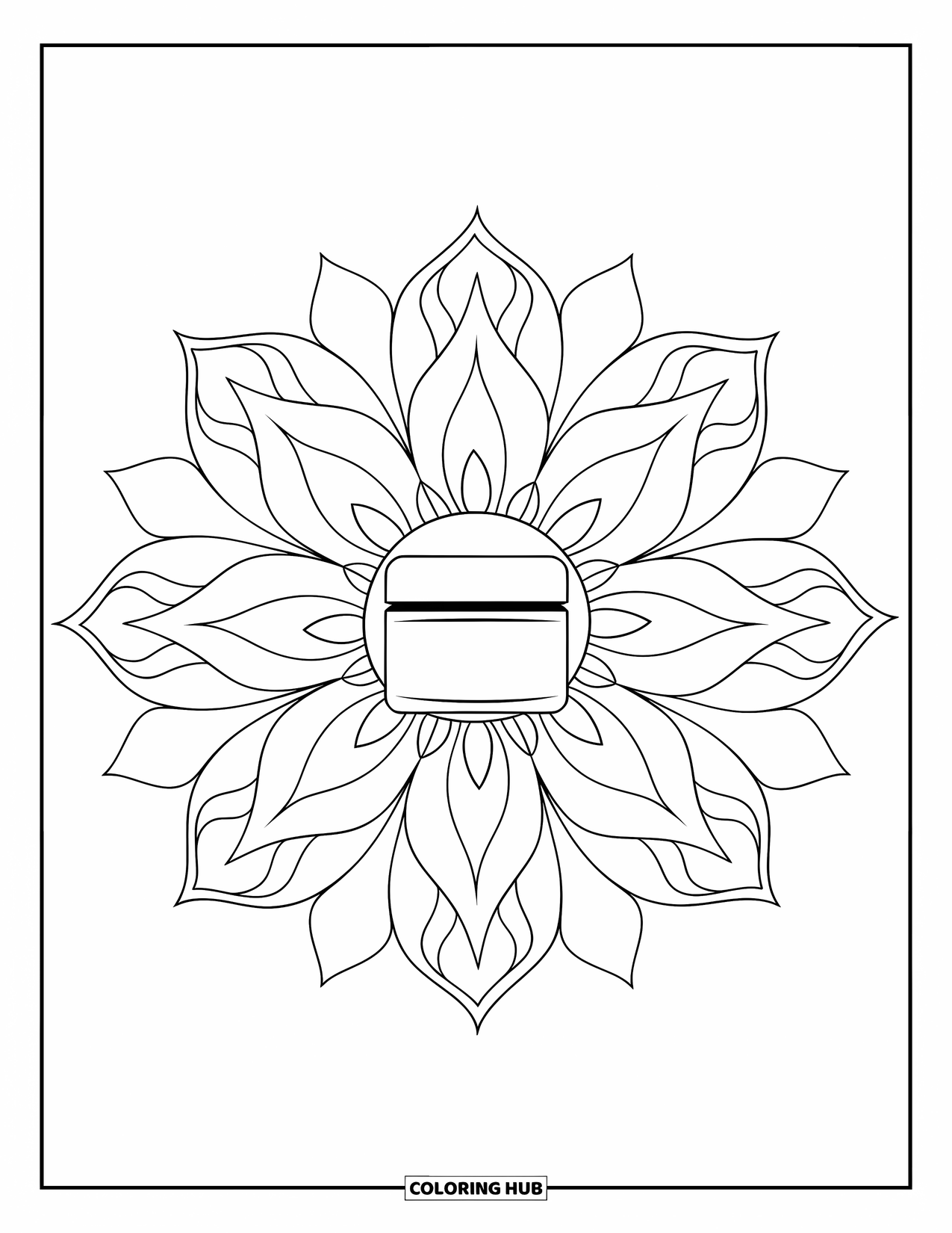 Skincare Coloring Page for Adults: A gentle lotus mandala surrounds a jar of moisturizer at its center
