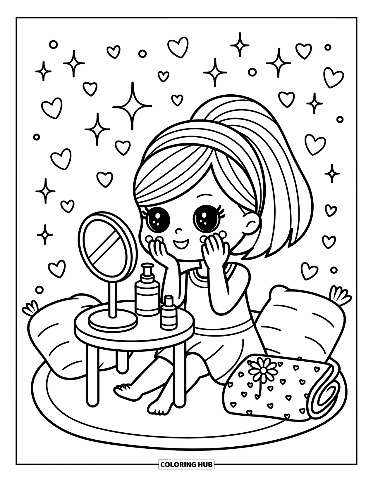 Skincare Coloring Page for Adults: A girl adds cream to her cheeks with pillows, bottles, and hearts around her