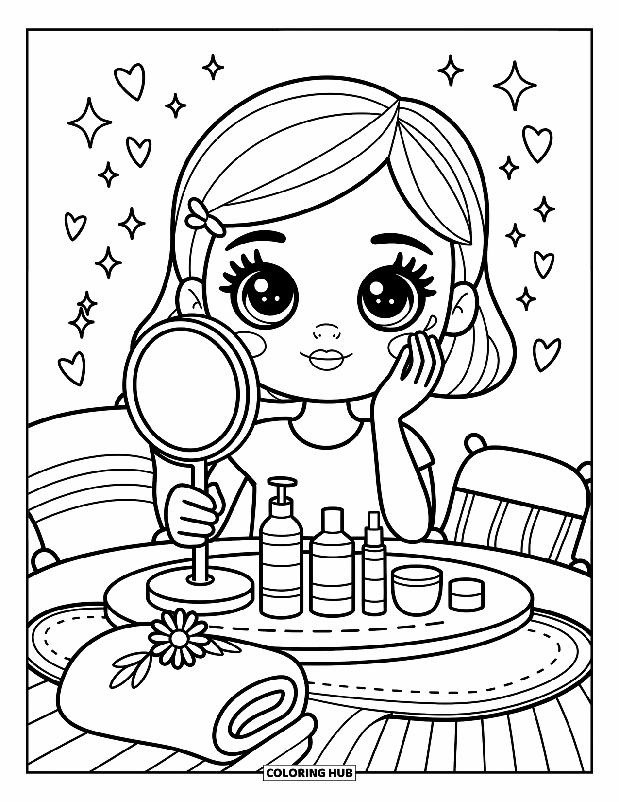 Skincare Coloring Page for Adults: A girl dabs moisturizer on her cheeks with a mirror and soft pillows around