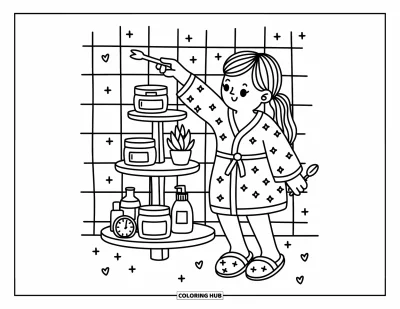 Coloriage Soin de la peau pour adultes : Une fille prend un hydratant sur une étagère avec de jolis pots, une horloge et des cœurs