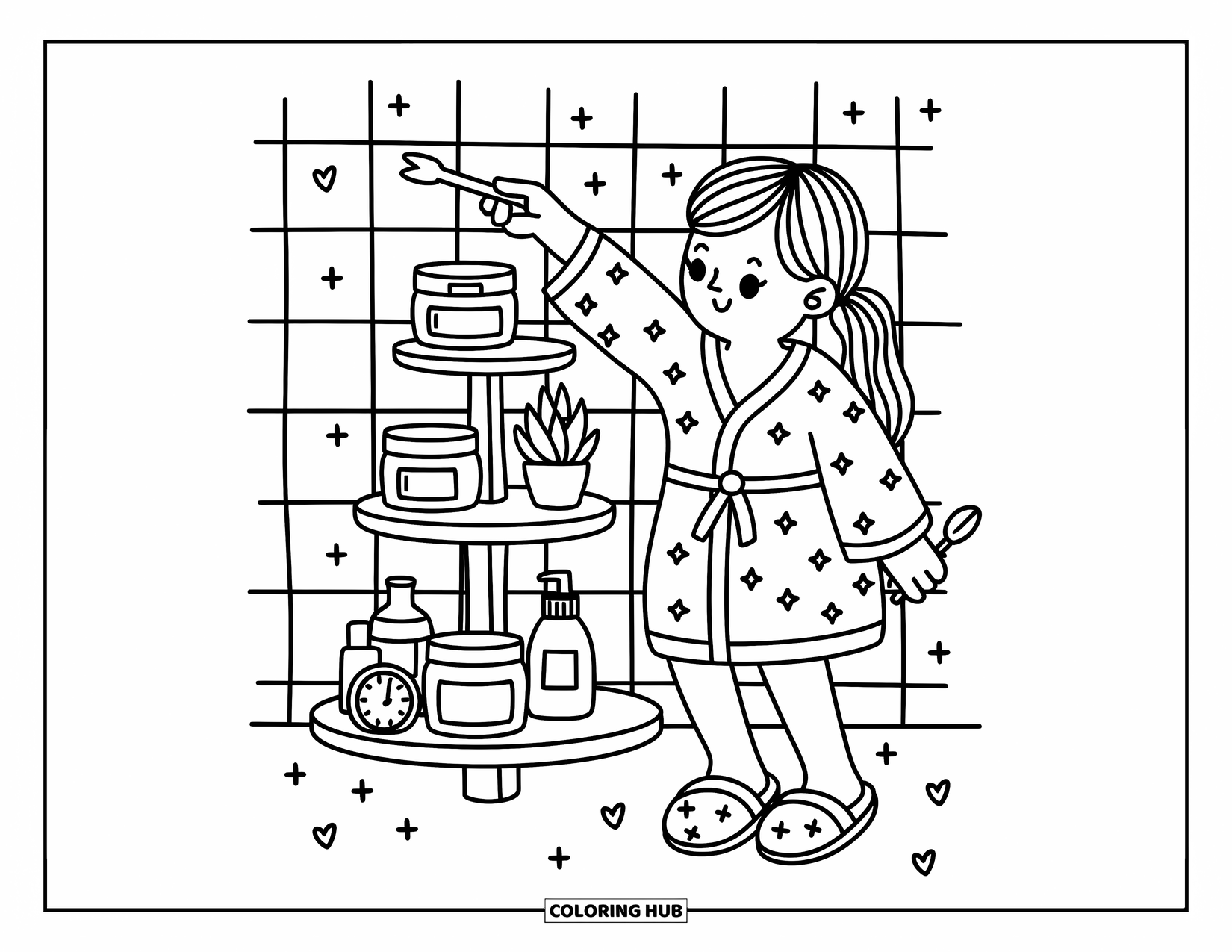 Skincare Coloring Page for Adults: A girl grabs moisturizer from a shelf with cute jars, a clock, and hearts