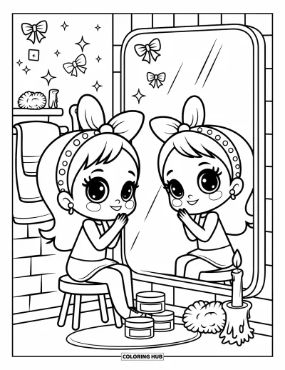 Coloriage Soin de la peau pour adultes : Une fille regarde joyeusement dans le miroir, des pots de soins de la peau à proximité, et des étincelles sur le mur