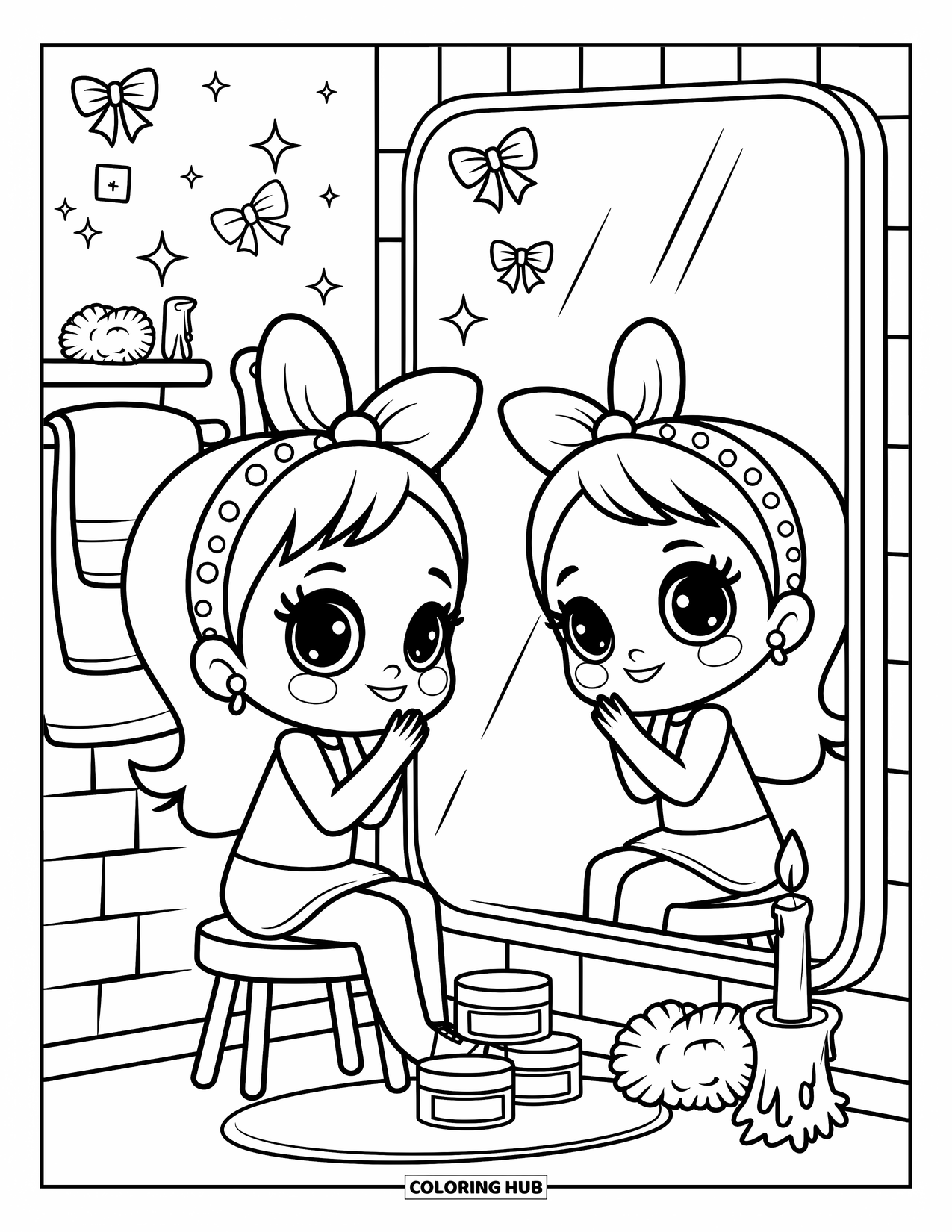 Skincare Coloring Page for Adults: A girl happily looks in the mirror, skincare jars nearby, and sparkles on the wall
