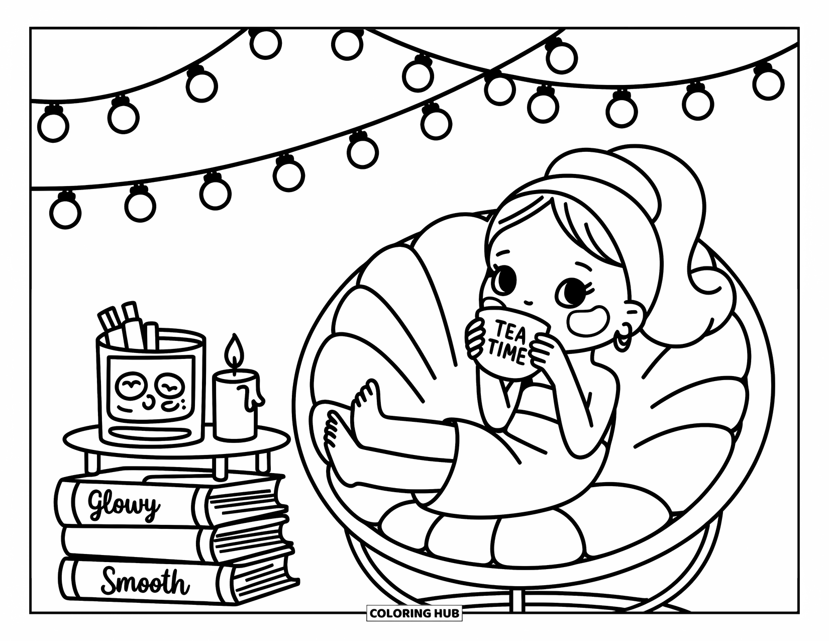 Skincare Coloring Page for Adults: A girl in a cozy chair enjoys tea time with candles, books, and lights