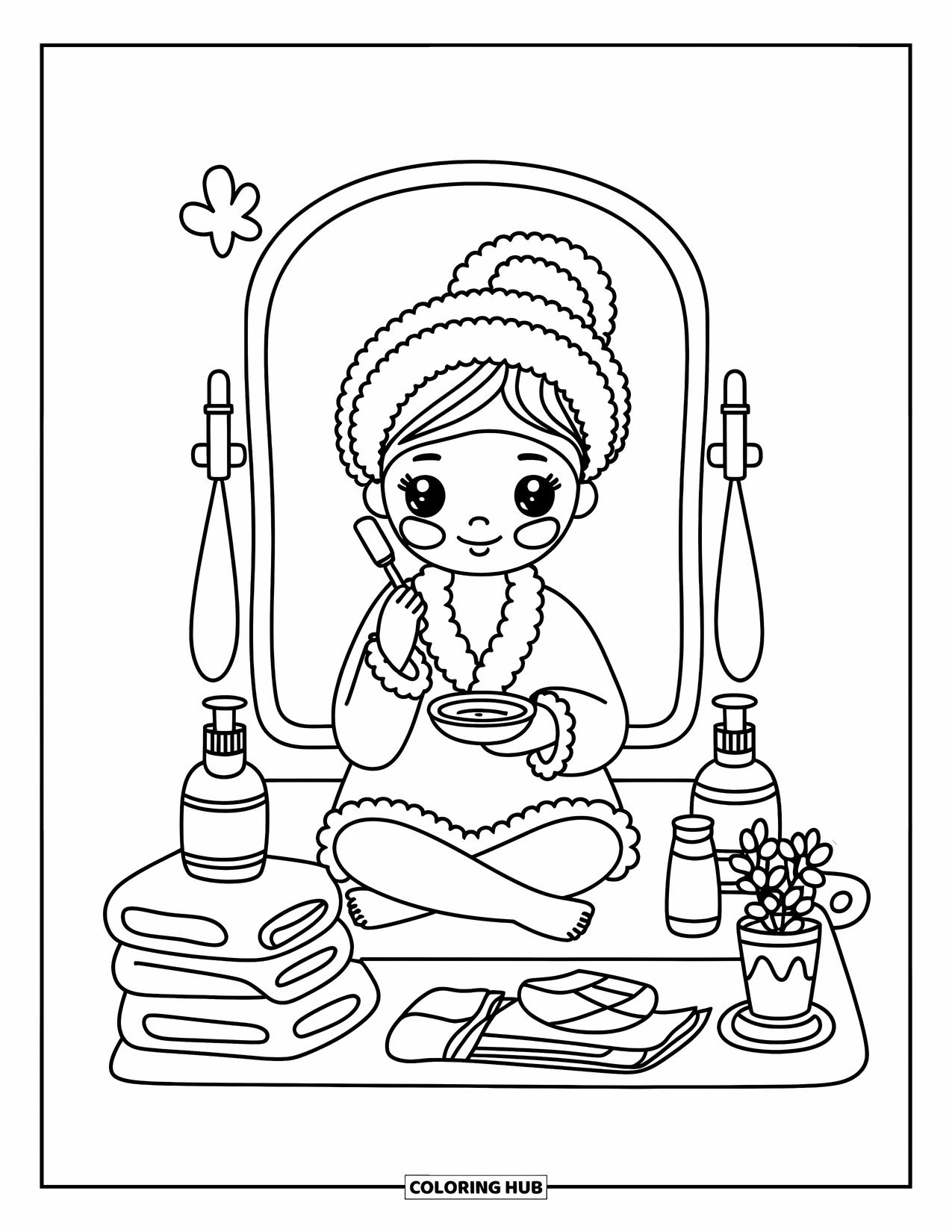 Skincare Coloring Page for Adults: A girl in a cozy robe uses a face mask beside plants and skincare jars