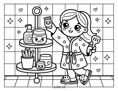 Coloriage Soin de la peau pour adultes : Une fille en robe de chambre tend la main vers un hydratant à côté de pots, d'une plante et d'étincelles