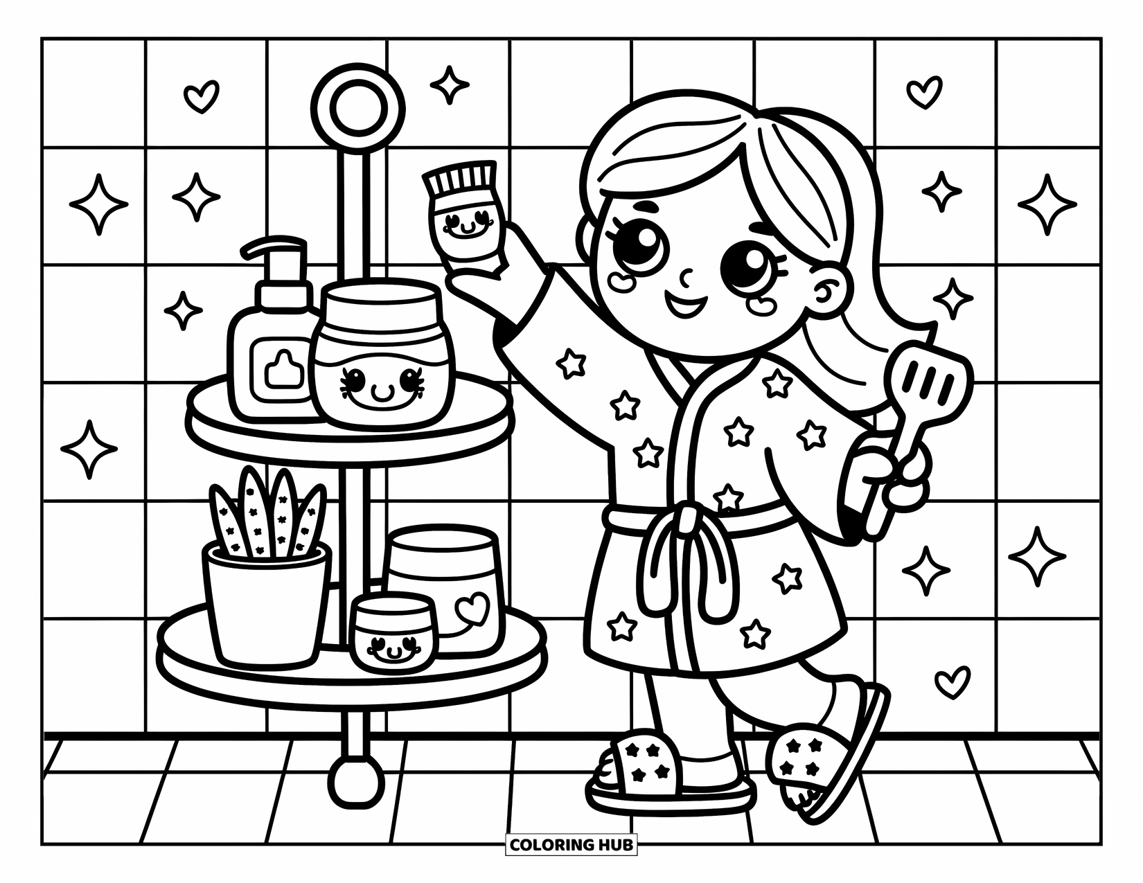 Skincare Coloring Page for Adults: A girl in a robe reaches for moisturizer beside jars, a plant, and sparkles