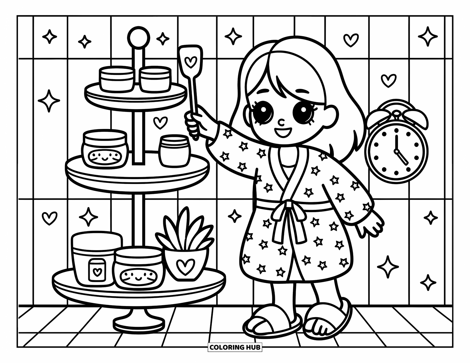 Skincare Coloring Page for Adults: A girl in a star robe reaches for moisturizer on a cute bathroom shelf