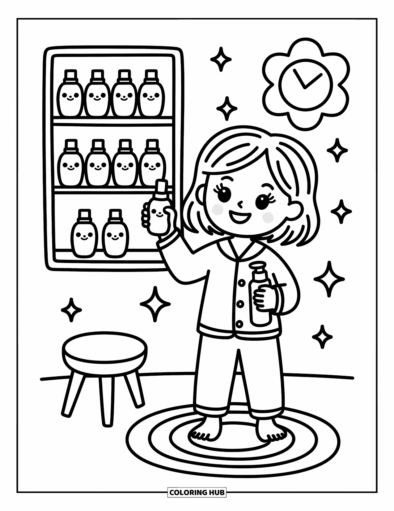Skincare Coloring Page for Adults: A girl in pajamas stands near a skincare shelf with a flower-shaped wall clock