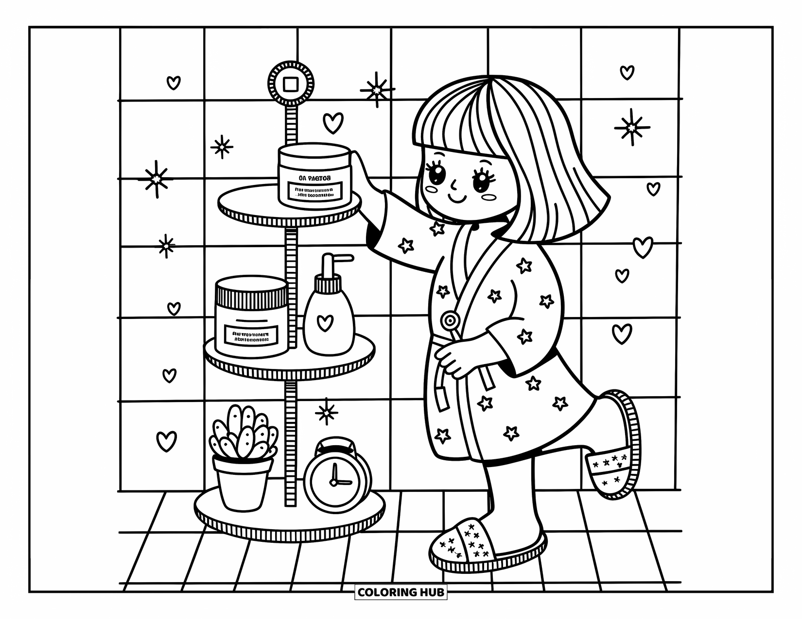 Skincare Coloring Page for Adults: A girl in slippers and a star robe grabs a jar on a skincare shelf