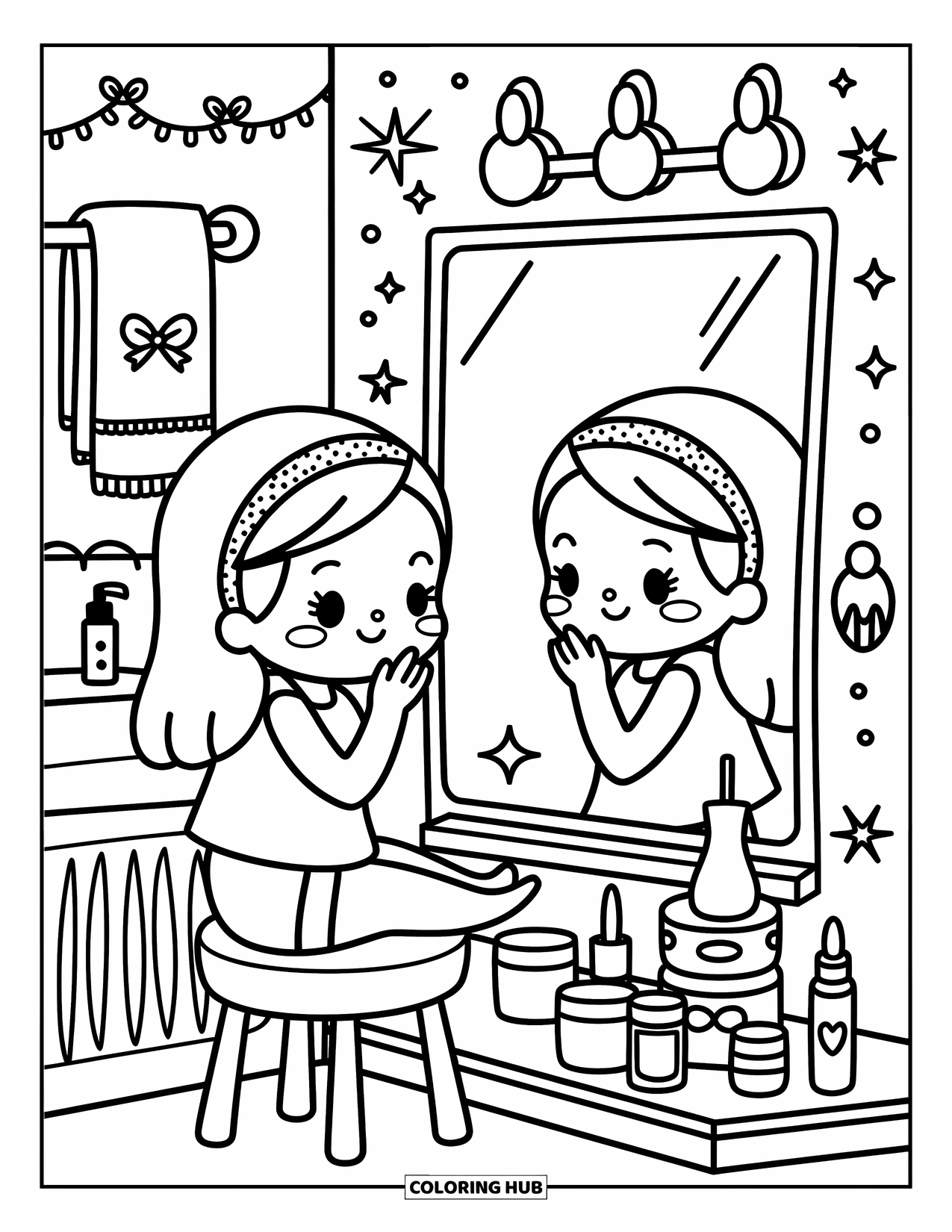 Skincare Coloring Page for Adults: A girl on a bathroom stool grins at her reflection beside her skincare jars