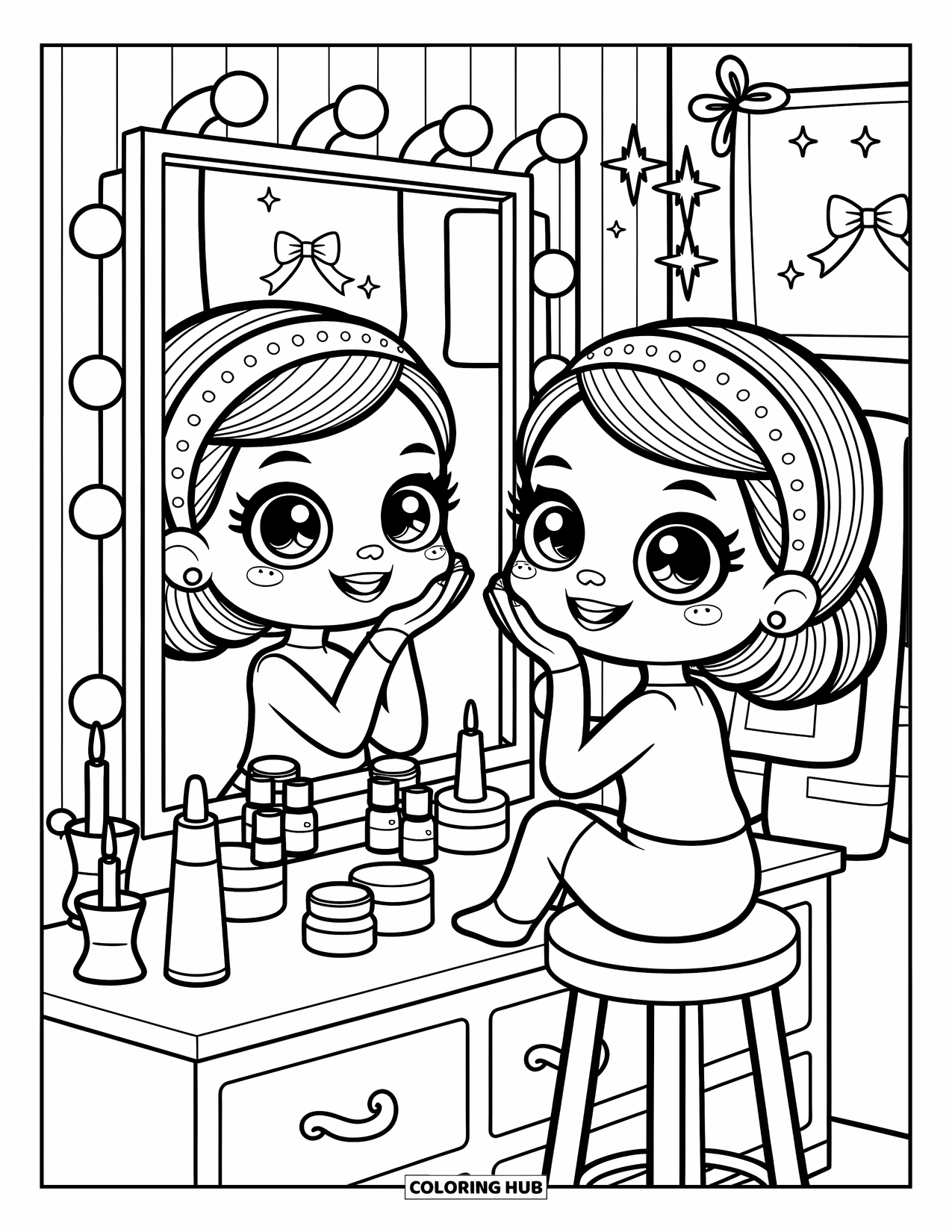 Skincare Coloring Page for Adults: A girl smiles at her reflection, surrounded by labeled skincare jars and soft lighting