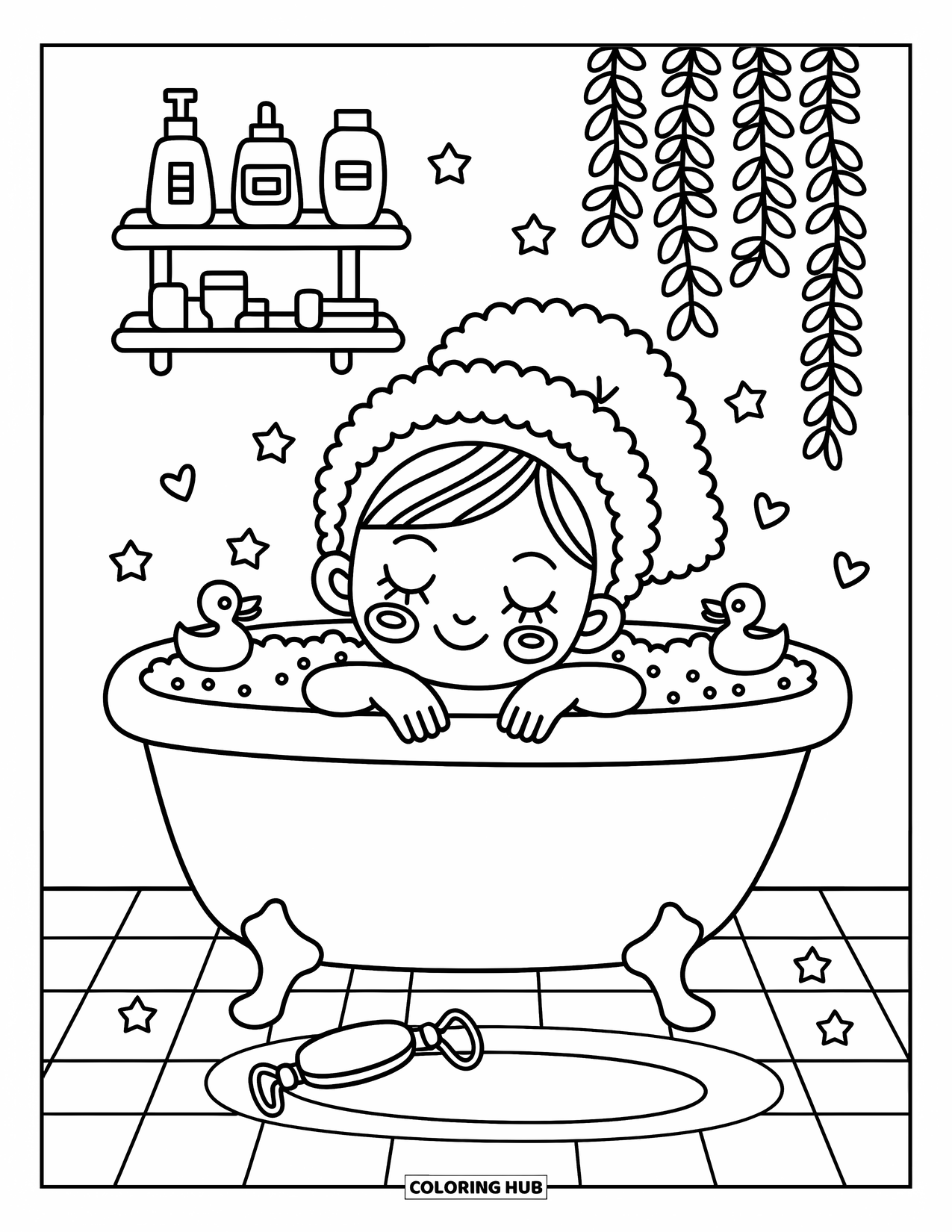 Skincare Coloring Page for Adults: A girl soaks in bubbles with duckies, a leafy shelf, and heart bubbles