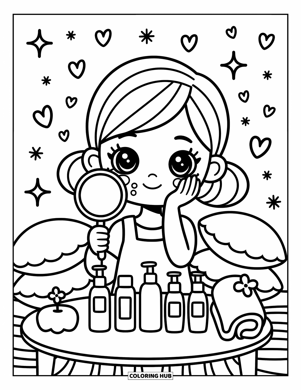 Skincare Coloring Page for Adults: A girl uses a mirror and moisturizer at a table surrounded by cozy touches