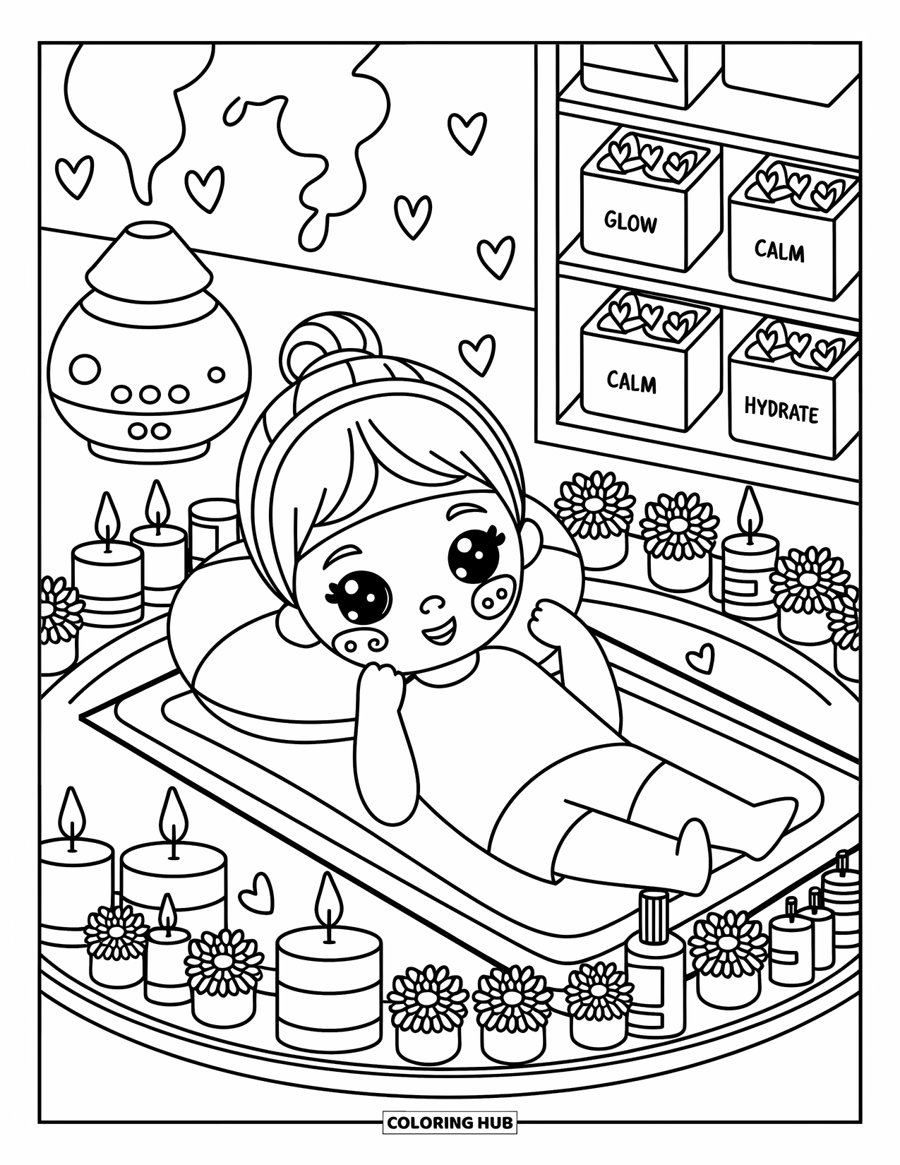 Skincare Coloring Page for Adults: A girl with a face mask lies in a cozy circle of candles and bottles