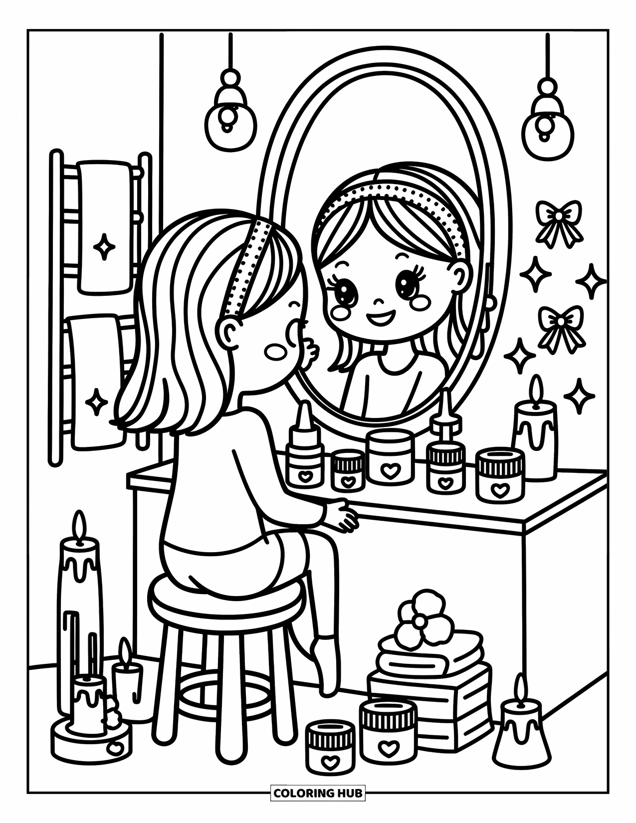Skincare Coloring Page for Adults: A girl with a headband smiles in the mirror with glowing candlelight and jars