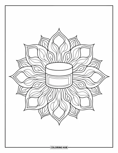 Coloriage Soin de la peau pour adultes : Un pot d'hydratant est posé au milieu d'un doux mandala de lotus en couches