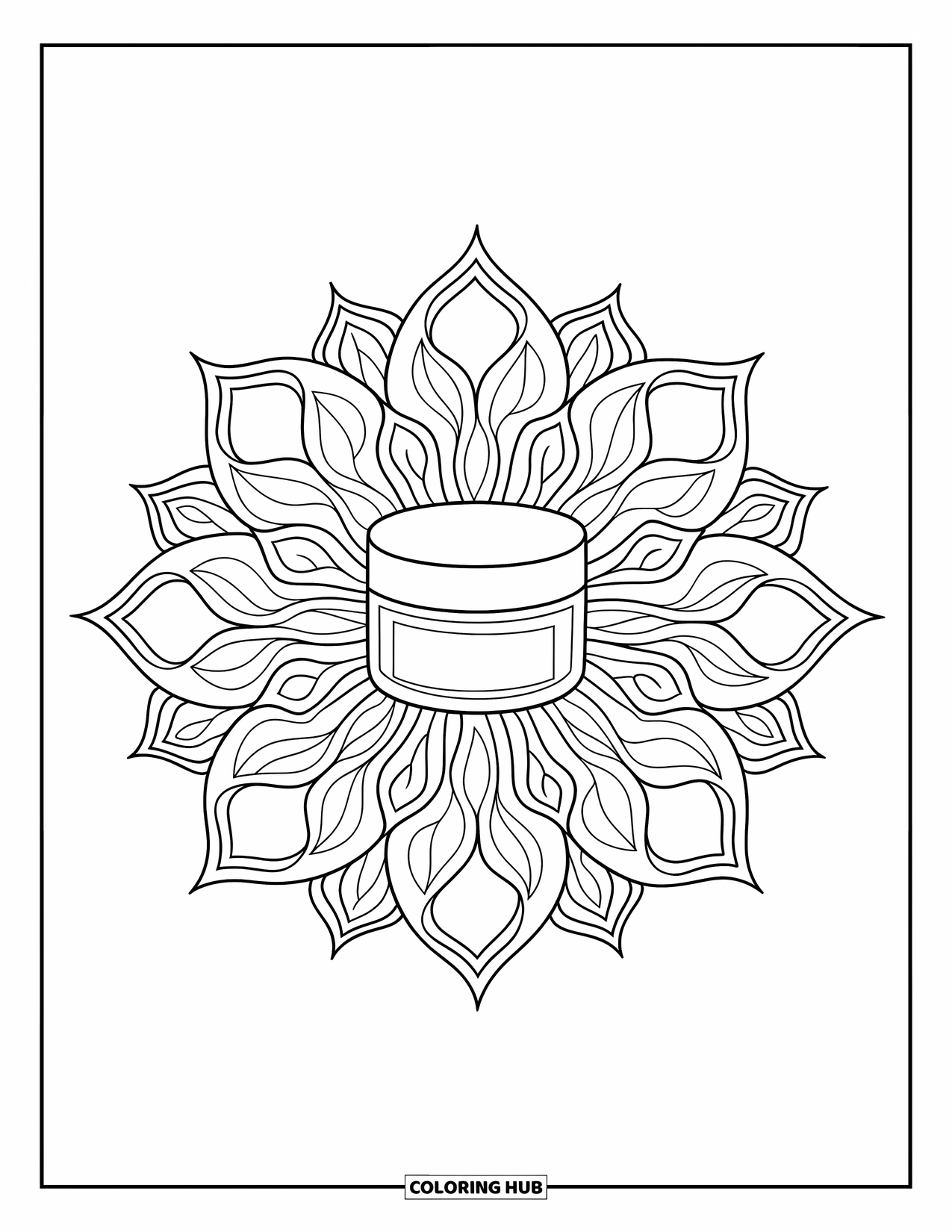 Skincare Coloring Page for Adults: A moisturizer jar sits in the middle of a soft, layered lotus mandala