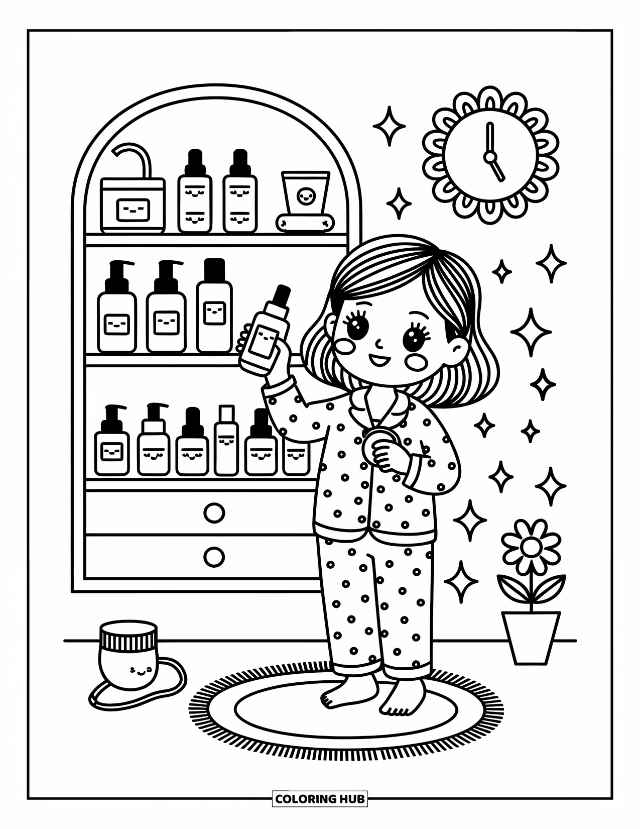 Skincare Coloring Page for Adults: A pajama-clad girl holds toner and cotton near a shelf of cute skincare bottles