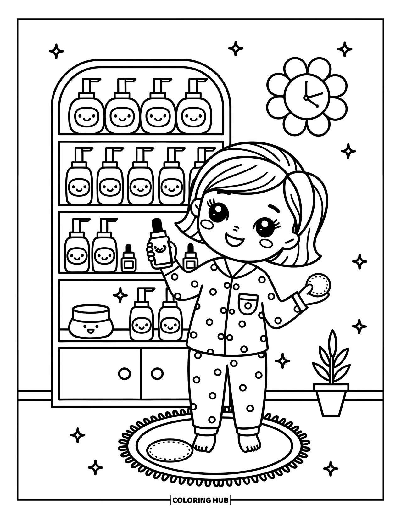 Skincare Coloring Page for Adults: A pajama girl holds toner beside sparkles and a shelf of cute bottles