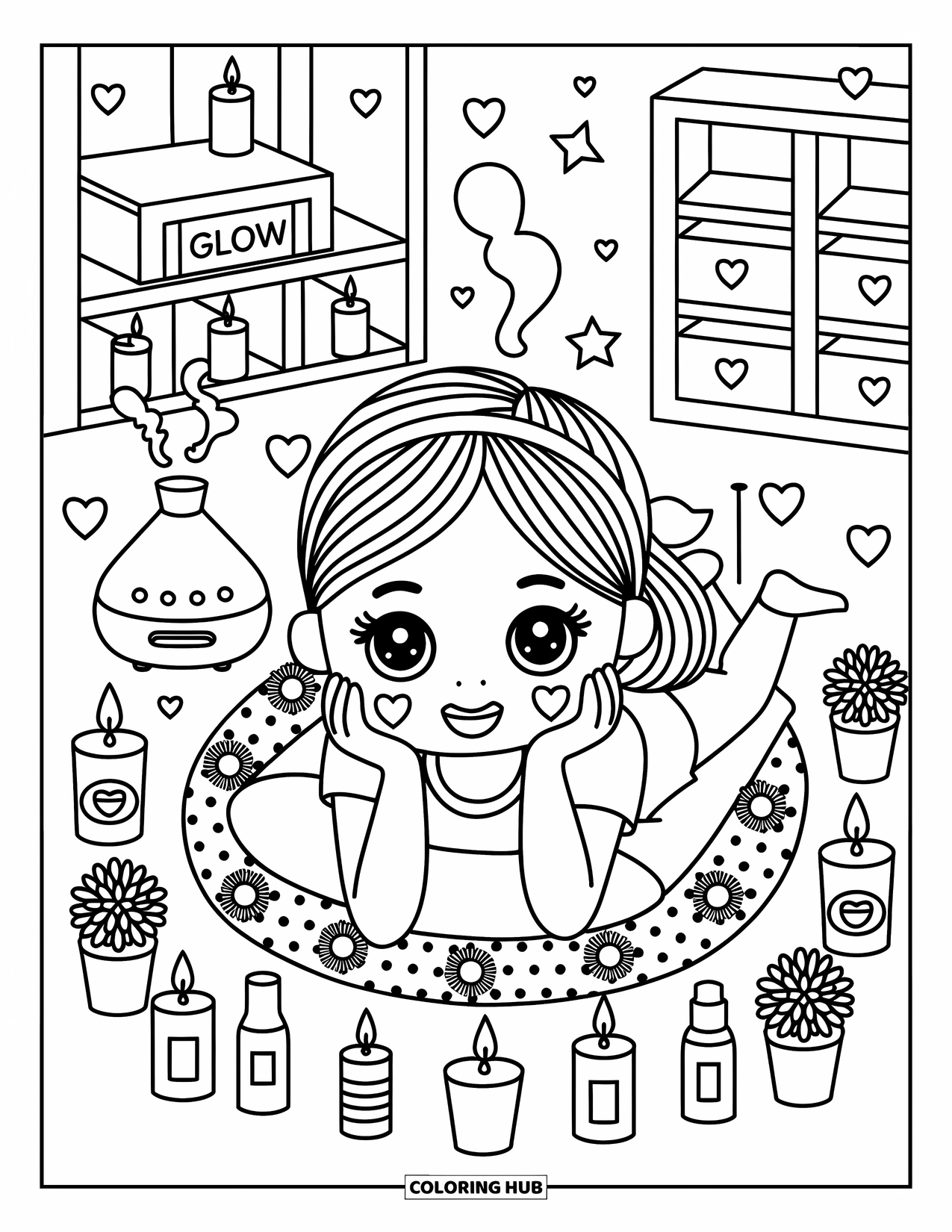 Skincare Coloring Page for Adults: A peaceful face mask moment with candles, plants, steam, and cozy shelves