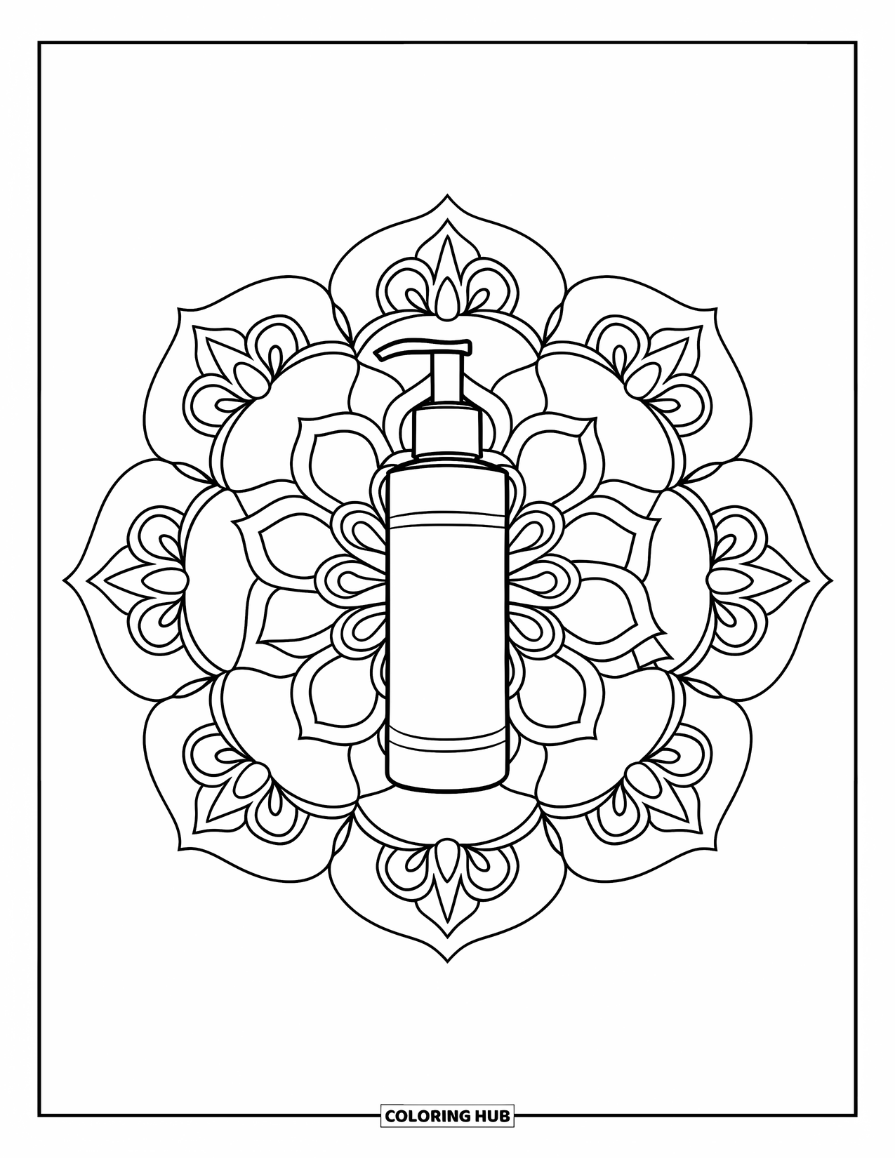 Skincare Coloring Page for Adults: A pump bottle of cleanser is centered in a rose-shaped mandala