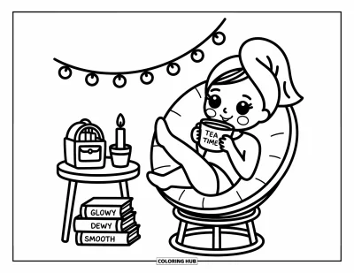 Coloriage Soin de la peau pour adultes : Une fille détendue avec un masque facial sirote du thé à côté de livres et de guirlandes lumineuses