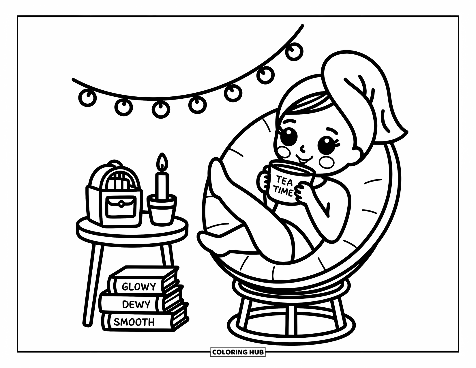Skincare Coloring Page for Adults: A relaxed girl in a face mask sips tea beside books and glowing string lights