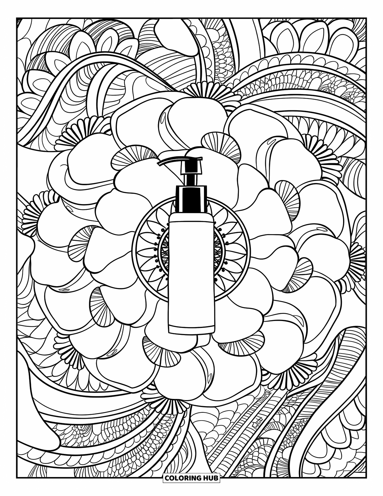 Skincare Coloring Page for Adults: A rose petal mandala blooms around a facial cleanser pump bottle
