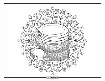 Coloriage Soin de la peau pour adultes : Une pile de cotons et un pot de baume reposent à l'intérieur d'un mandala floral