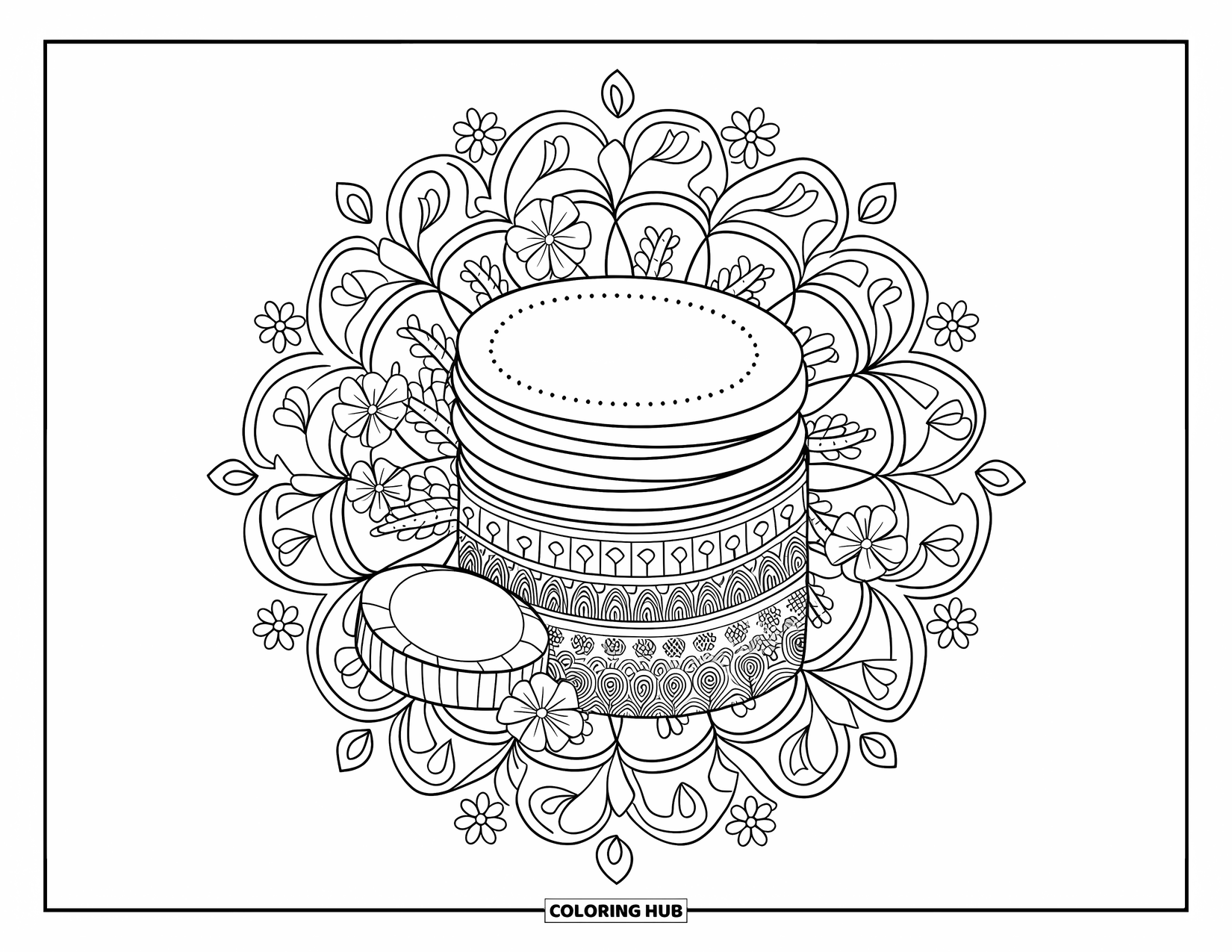 Skincare Coloring Page for Adults: A stack of cotton pads and balm tub rests inside a floral mandala