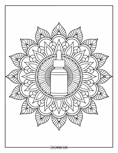 Coloriage Soin de la peau pour adultes : Un mandala de fleurs en rayon de soleil présente un flacon compte-gouttes de sérum à la vitamine C
