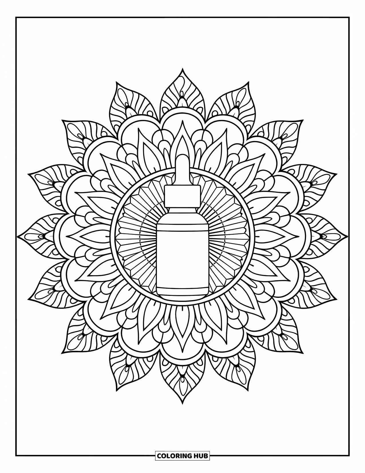 Skincare Coloring Page for Adults: A sunburst flower mandala features a dropper bottle of vitamin C serum