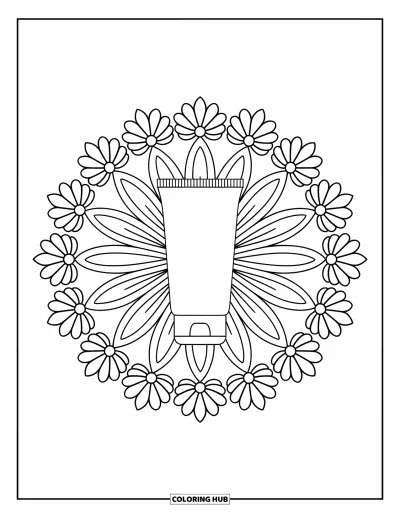 Coloriage Soin de la peau pour adultes : Un tube de crème solaire est entouré de pétales de marguerite et de motifs de mandala feuillus