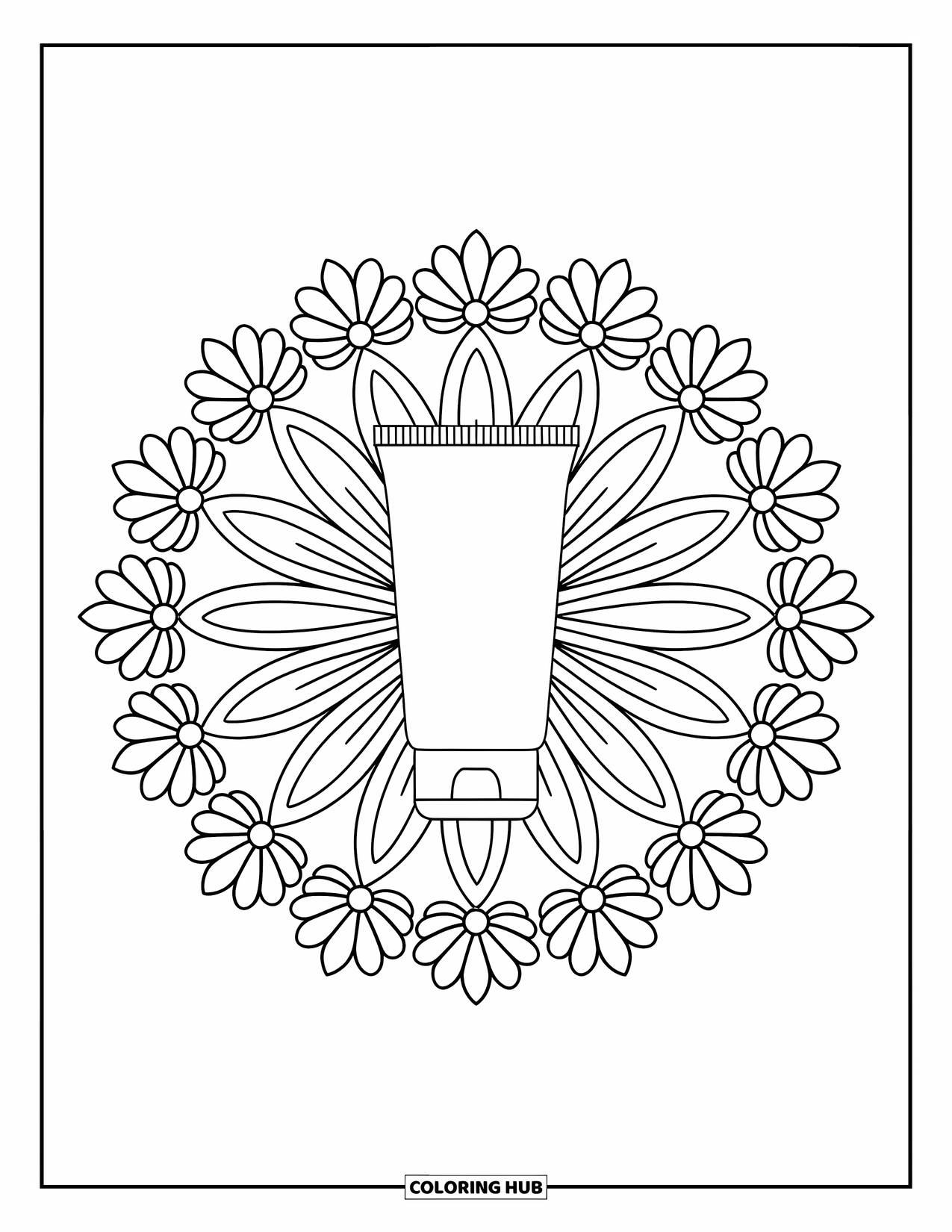 Skincare Coloring Page for Adults: A sunscreen tube is surrounded by daisy petals and leafy mandala designs
