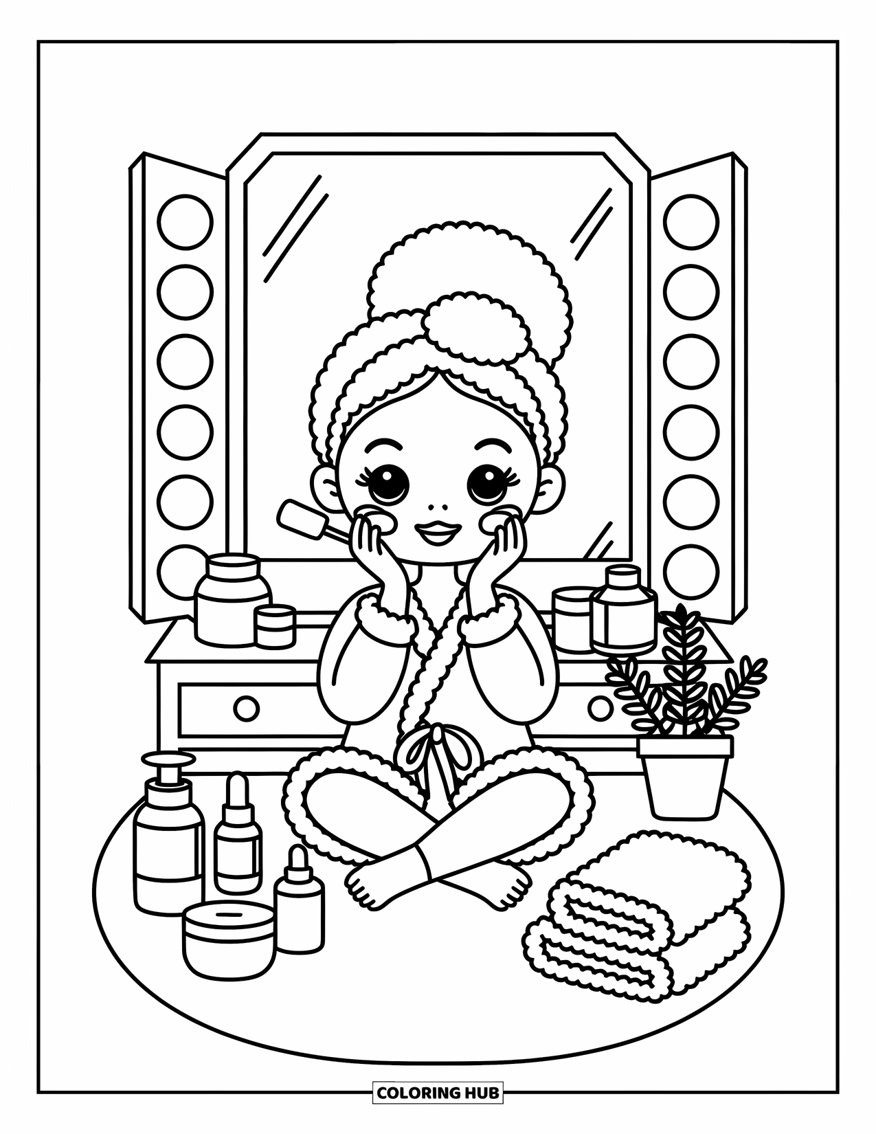 Skincare Coloring Page for Adults: A towel-wrapped girl applies a clay mask, surrounded by a cute, neat setup