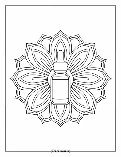 Coloriage Soin de la peau pour adultes : Un flacon de sérum à la vitamine C est posé au centre d'un mandala de fleurs éclatantes