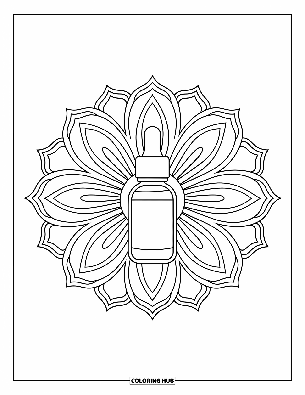 Skincare Coloring Page for Adults: A vitamin C serum bottle sits in the center of a bright flower mandala