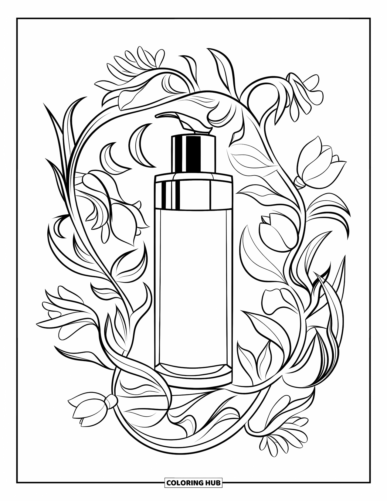 Skincare Coloring Page for Adults: Blooming petals and vines twist around a glass facial toner bottle