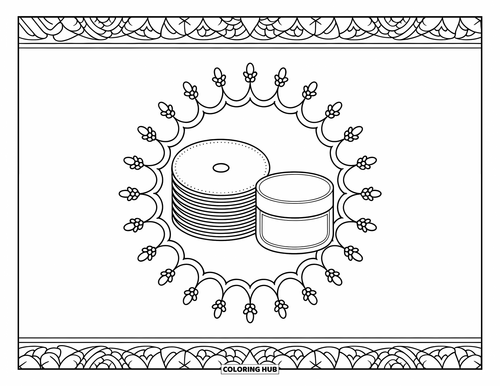 Skincare Coloring Page for Adults: Cotton pads and balm tub are surrounded by flowers and symmetrical mandala art