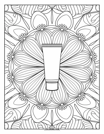 Coloriage Soin de la peau pour adultes : Des motifs de marguerites et de feuilles rayonnent autour d'un tube de crème solaire dans un mandala calme