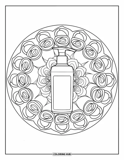 Coloriage Soin de la peau pour adultes : De minuscules roses et des vignes forment un mandala autour d'un flacon pompe de nettoyant
