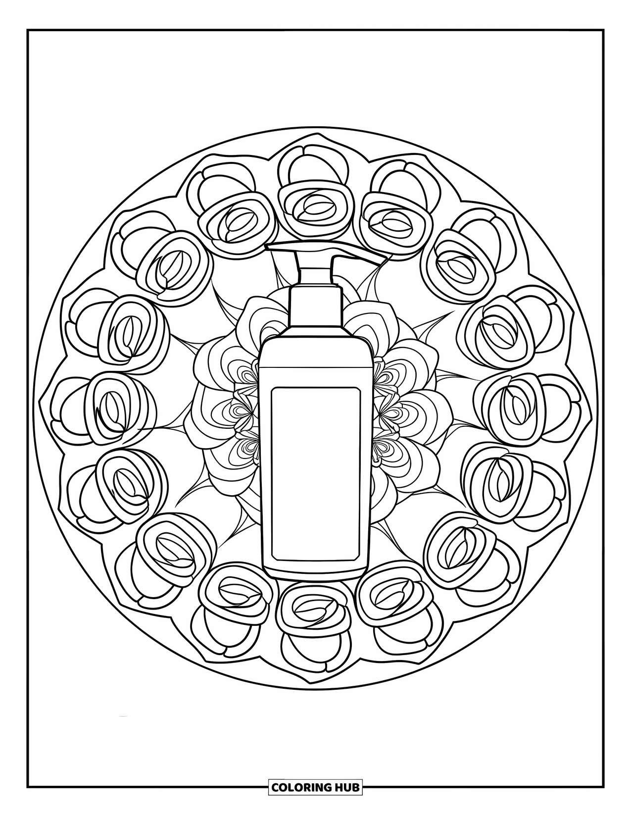 Skincare Coloring Page for Adults: Tiny roses and vines form a mandala around a pump bottle of cleanser