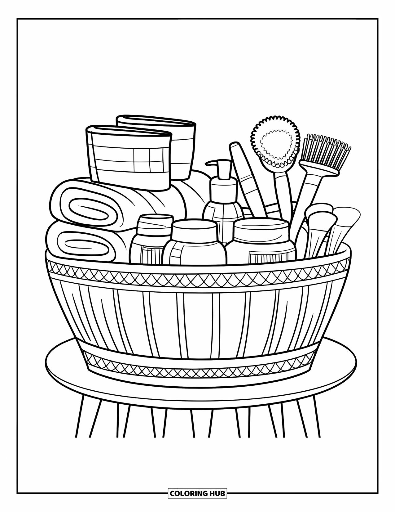Skincare Coloring Page for Kids: A basket with towels, jars, and brushes sits neatly on a wooden stand