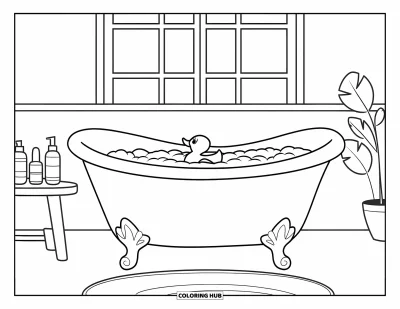 Coloriage Soin de la peau pour enfants : Un bain pétillant avec un canard, une petite table, une plante et un cadre confortable