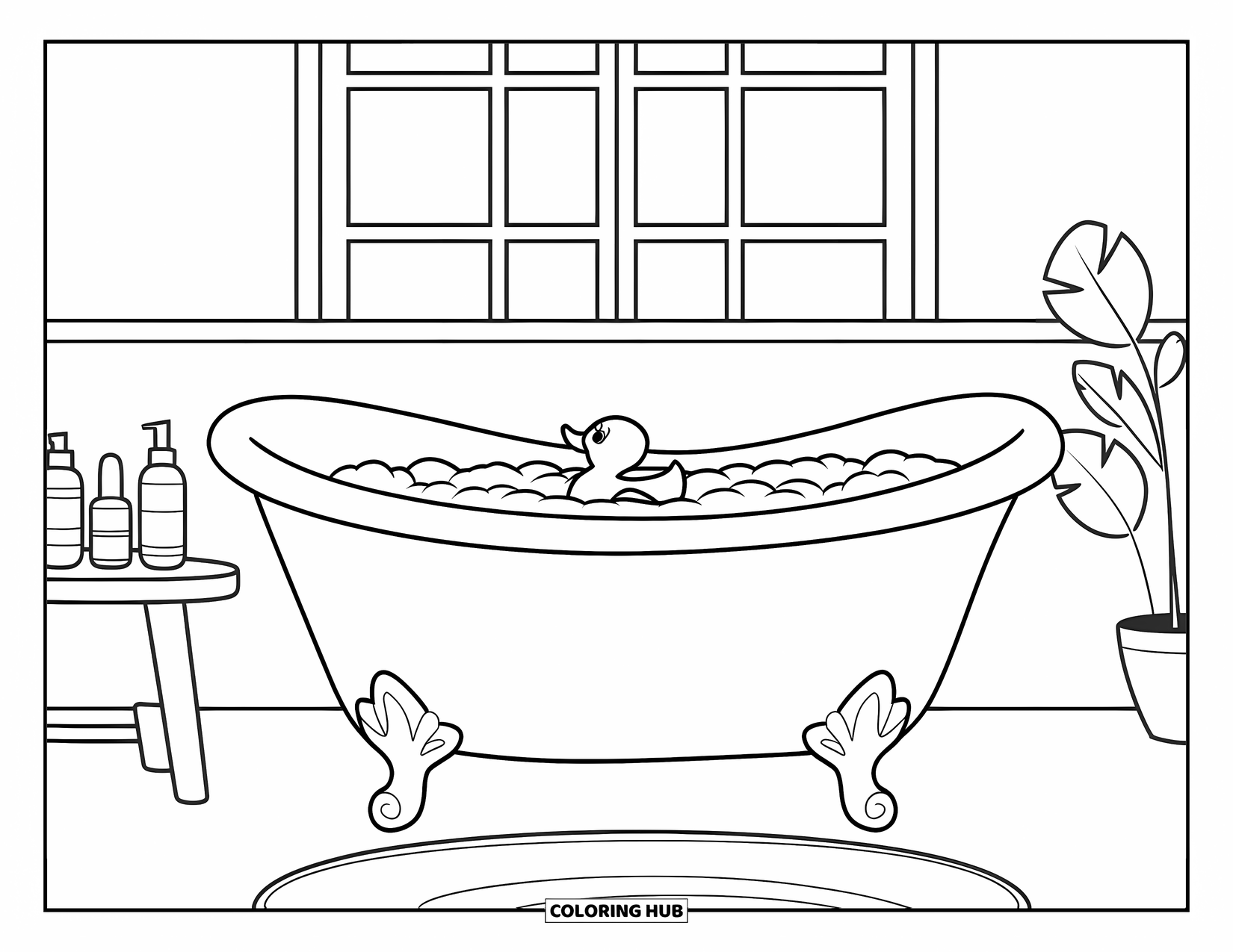 Skincare Coloring Page for Kids: A bubbly bath with a duck, small table, plant, and cozy setting