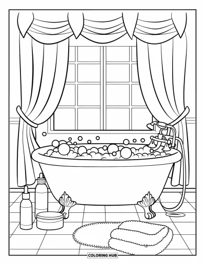 Coloriage Soin de la peau pour enfants : Une scène de baignoire pétillante avec des flacons de soins de la peau et une serviette douce à proximité